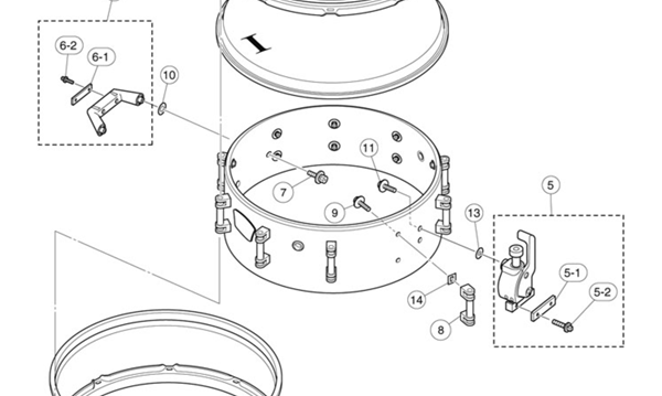 Diagram of a deconstructed snare drum into individual parts.