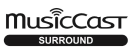 The word MusicCast with aset of stacked curved lines to look like broadcast type waves capping the "i". Below that word is the word "surround".