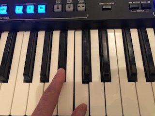Hands playing electronic keyboard with some of buttons on panel above lit.