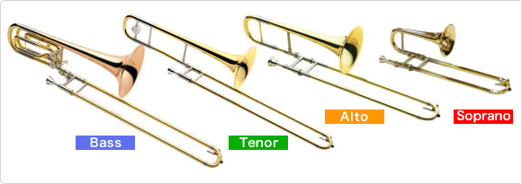 Graphic of four trombones from largest to smallest.