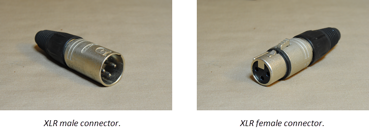 Side by side pictures of an XLR male connector and an XLR female connector.