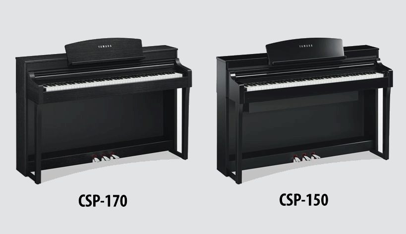 Two upright pianos side by side with a caption under left one = "CSP-150" and under right one = "CSP-170".