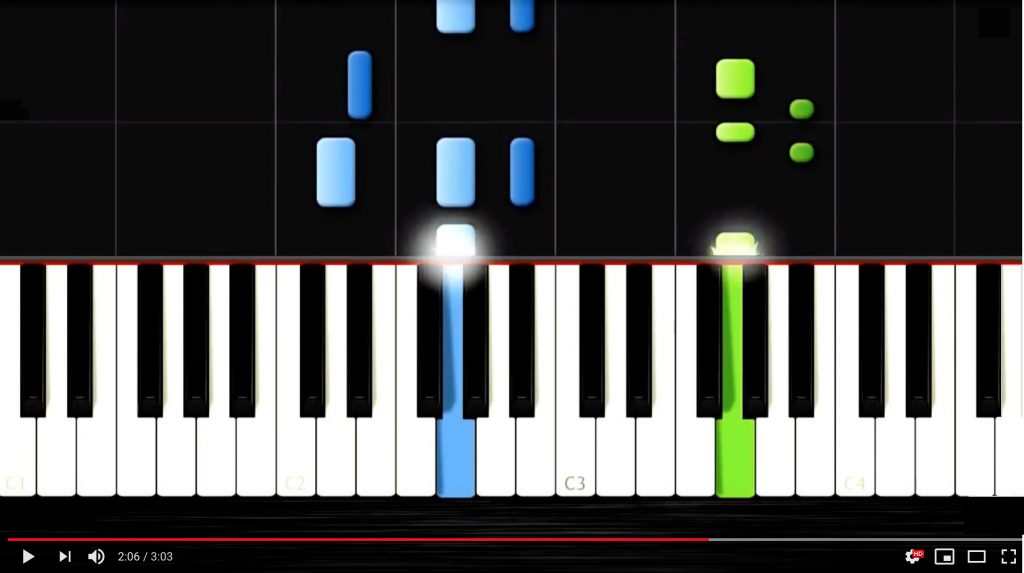 Screenshot from a video showing a graphic rendering of a piano keyboard with certain keys highlighted.