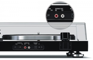 Turntable with phono outputs magnified to show detail.