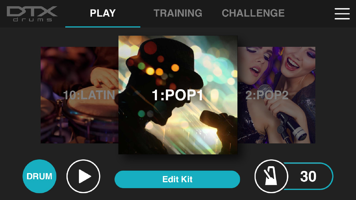 An image of the DTX Drums app "Play" screen.