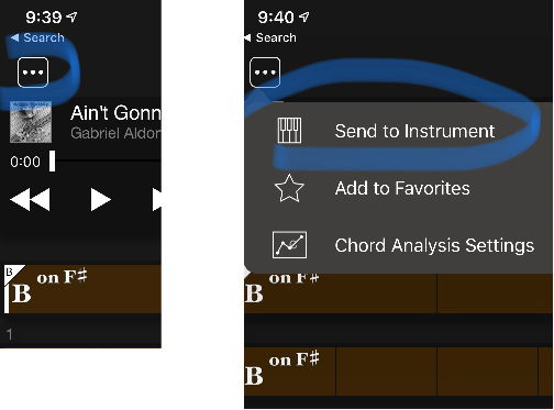 An image of the display in the Chord Tracker app, with the "Send to Instrument" option circled.