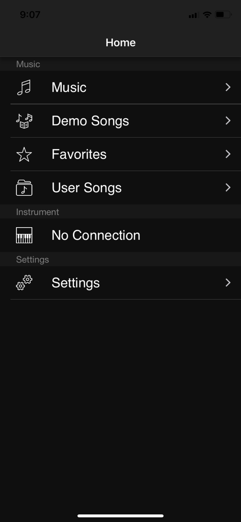 The Chord Tracker home screen. It contains different options to access a user library of music.