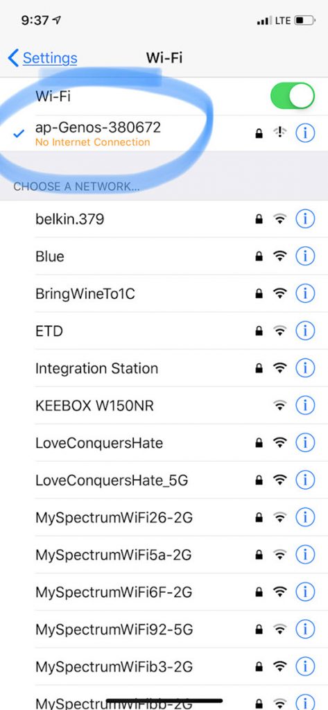 An image displaying the Genos in an iOS network list.
