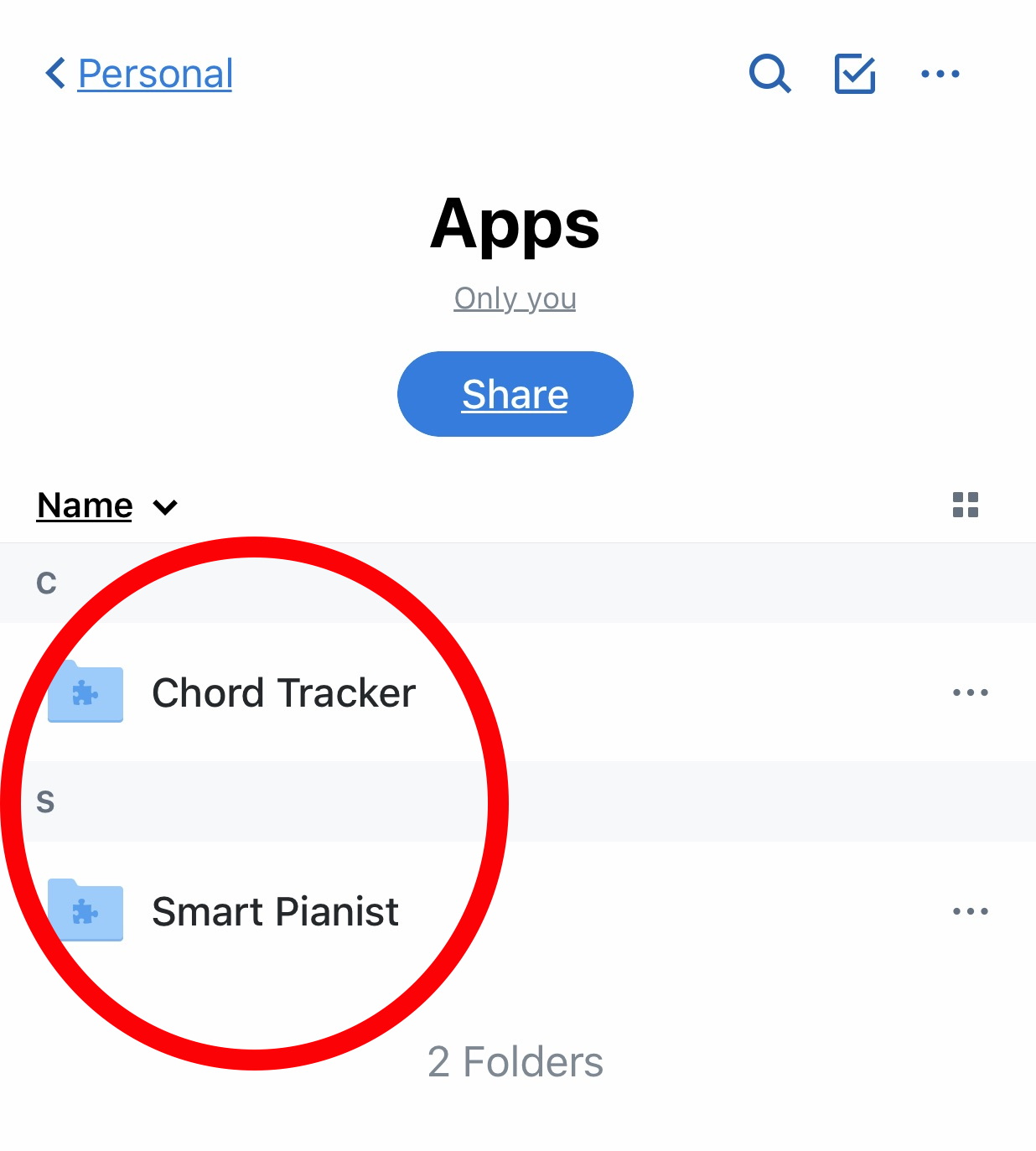 An image displaying the Chord Tracker and Smart Pianist app folders in Dropbox.