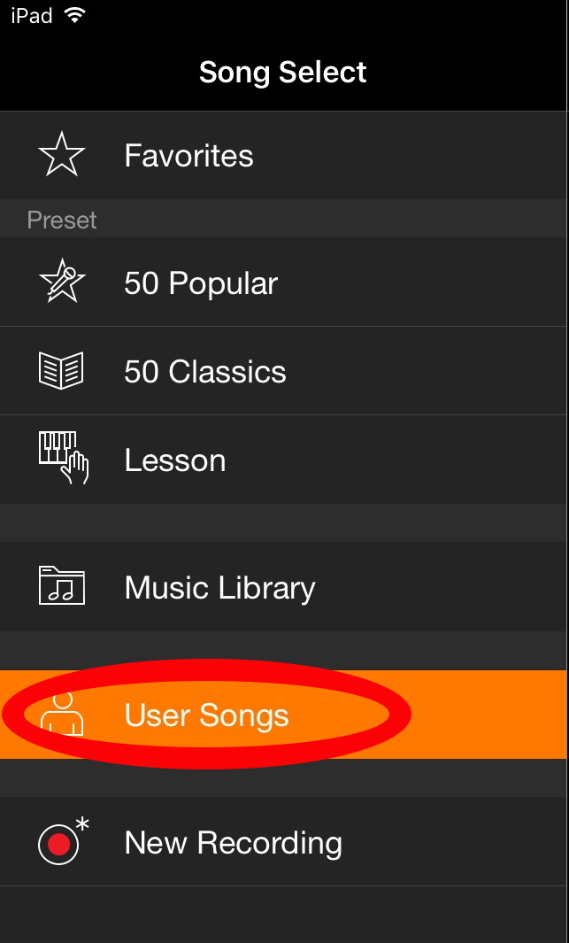 An image within the Chord Tracker app highlighting the User Songs menu.