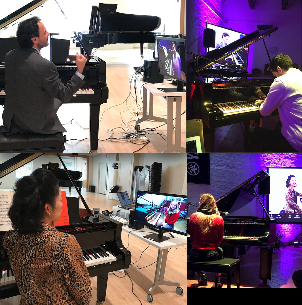 Four different images of people playing the piano, in a collage.