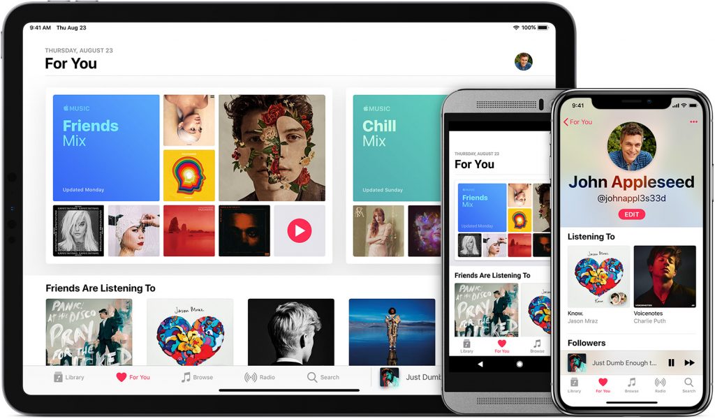 Screenshots from a tablet, an iPhone and an Android phone of Apple Music for you screen.