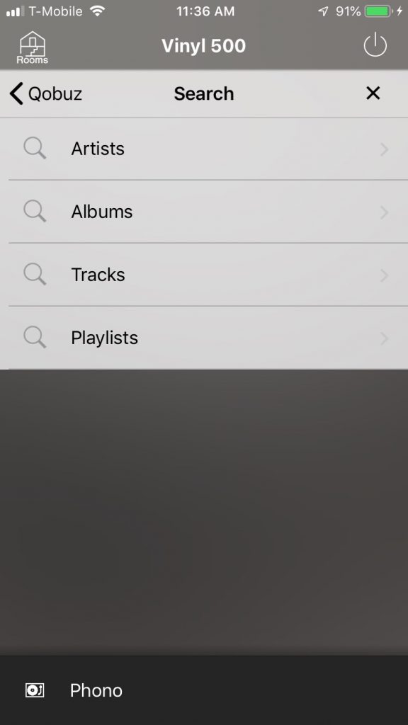 Screenshot of Qobuz controls within Yamaha MusicCast app.