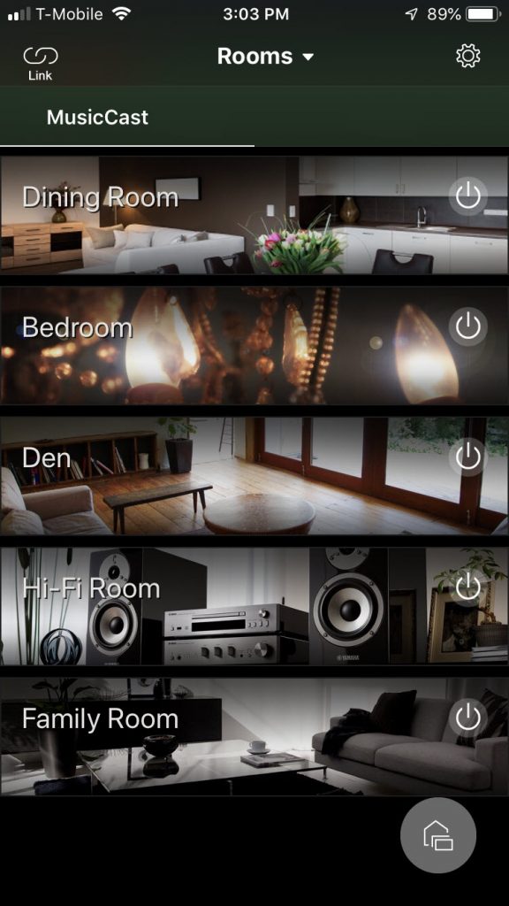 Screenshot of the Yamaha MusicCast app screen showing the rooms for options.