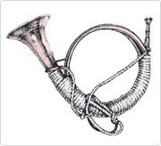 Drawing of a small horn with a circular wrapped body that has a cord handle wrapped around the curve of the body of the horn.