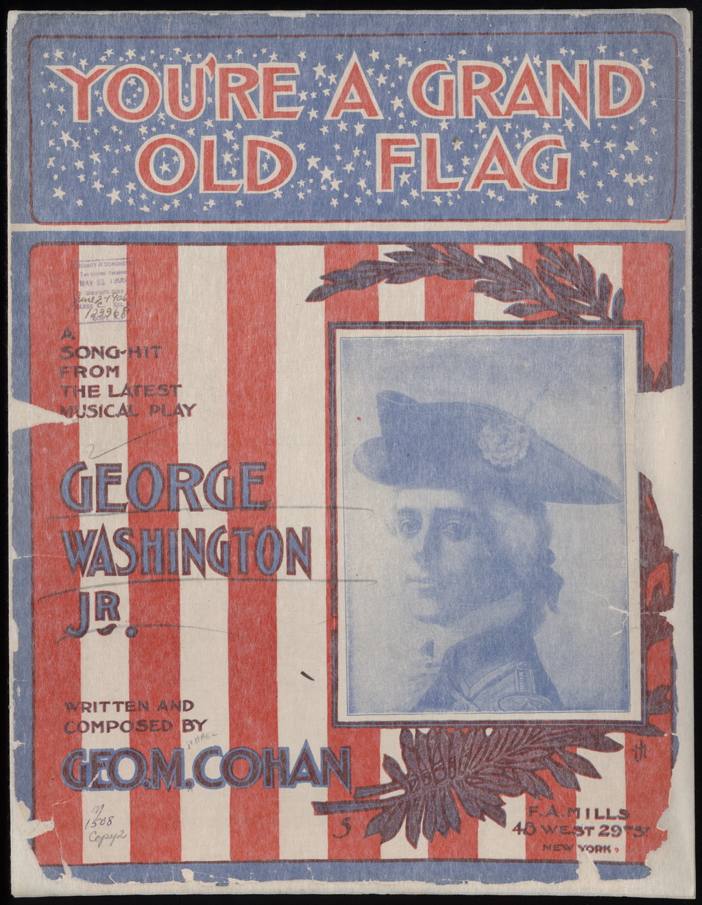 Cover of sheet music with stylized flag stripe and drawing of a revolutionary officer.
