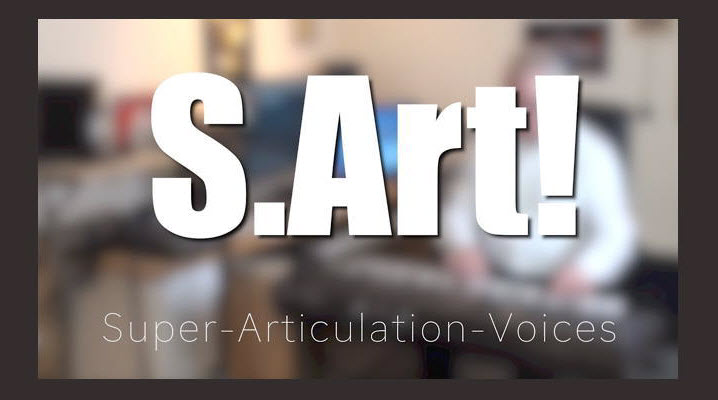 Blurred image in background showing someone playing a keyboard. In foreground/overlay, the words "S.Art! Super Articulation Voices".