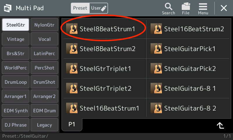 Closeup of multi pad screen with preset options listed and one named "Steel8BeatStrum1" circled.