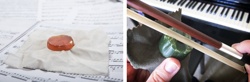 Two views of bow resin. On left, a small patty unwrapped sitting on its wrapper which is sitting on sheet music. On right a closeup of someone applying resin to a bow. There is a piano in the background.