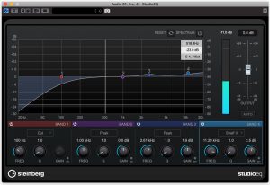 Closeup of a Steinberg StudioEQ unit with knobs, slide and a visualization of the wave pattern.