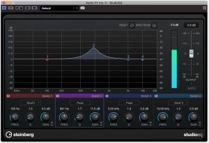 Closeup of a Steinberg StudioEQ unit with the screen showing the peak wave.