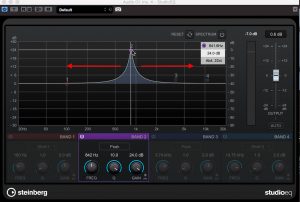 Closeup of front of a Steinberg StudioEQ unit with a peak wave with arrows indicating where to move/address issue.