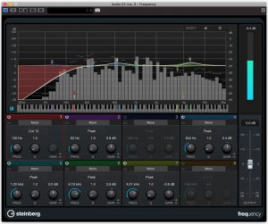 Closeup of front of a Steinberg Frequency unit with both a wave and frequency bars on screen.