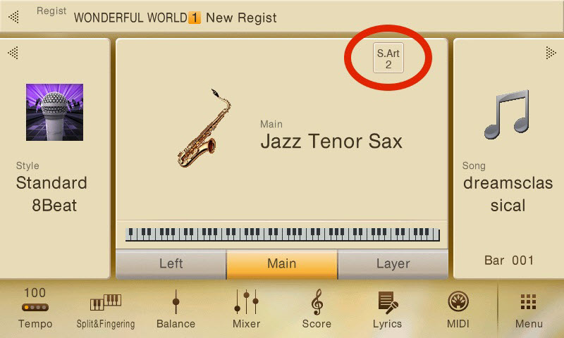 Screenshot with drawing of saxophone and the words "Main Jazz Tenor Sax". There are also buttons below for left, main and layer. The small box on upper right contains "S.Art 2" and is circled to call your attention to it.