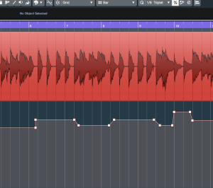 Screenshot of Cubase software showing automated volume changes on an audio track.