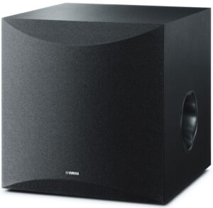 A small square black subwoofer.