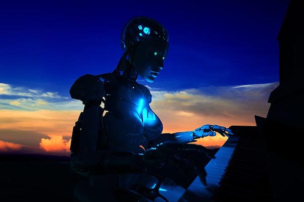 AI play piano with sunset as backdrop.