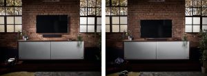 Two images showing sound bar mounted on a wall and placed on a tabletop.
