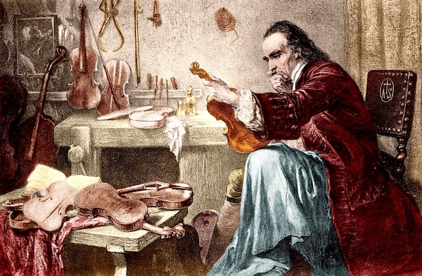 Illustration of Antonio Stradivari examining a violin.