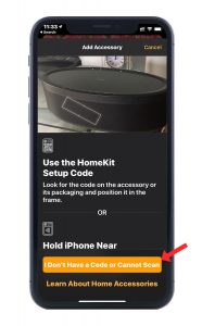 Screenshot of Apple Home app showing "I don't have a code or cannot scan" button.