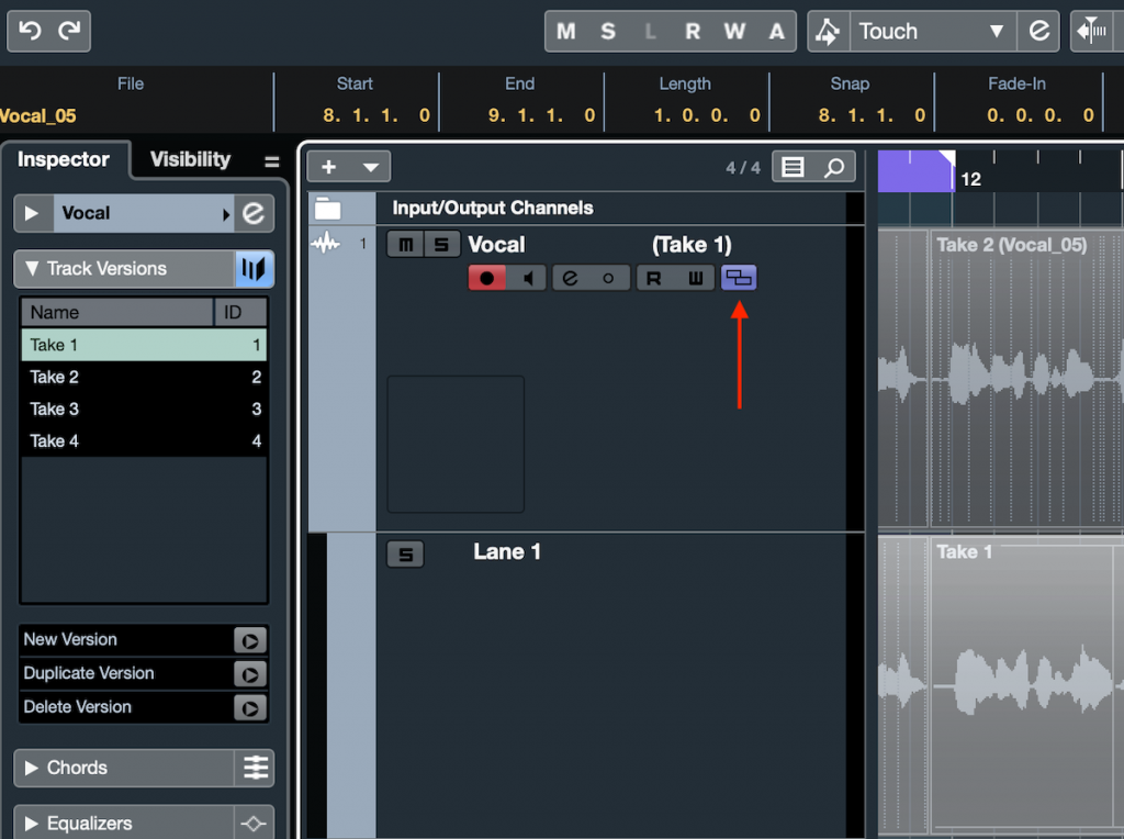 Screenshot of Steinberg Cubase software with red arrow pointing to "Show Lanes" button.