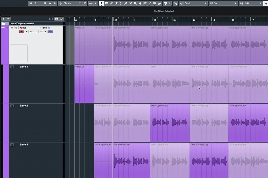 Screenshot of Steinberg Cubase software showing various vocal tracks comped.