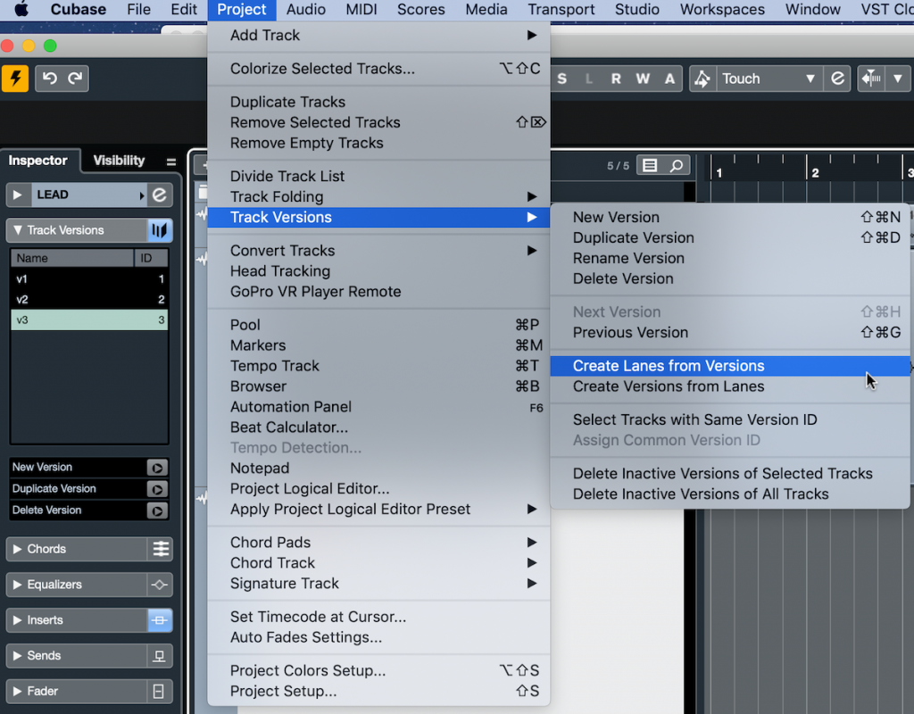 Screenshot of Steinberg Cubase software showing how to create "Lanes" from "Track Versions".