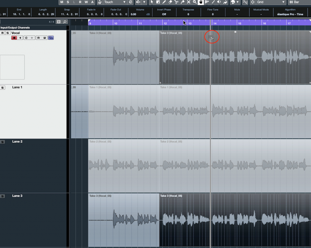 Screenshot of Steinberg Cubase software showing the "Split Tool".