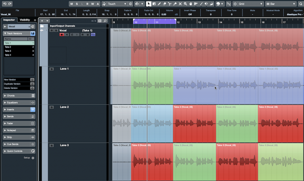 Screenshot of Steinberg Cubase software with color-coded takes.