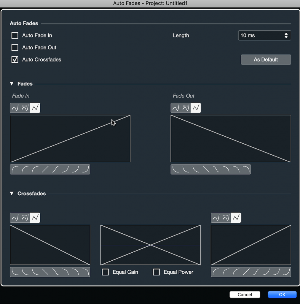 Screenshot of the Steinberg Cubase "Auto Fades" dialog box.