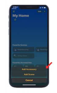 Screenshot of Apple Home app showing "add accessory" button.