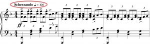 Musical annotation with "Scherzando" and the symbol for a quarter note =100 circled above the staff.
