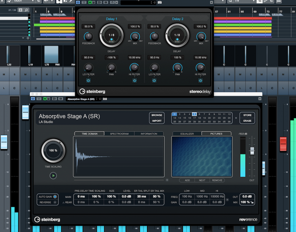 Screenshot of Steinberg Cubase with reverb and delay controls open.