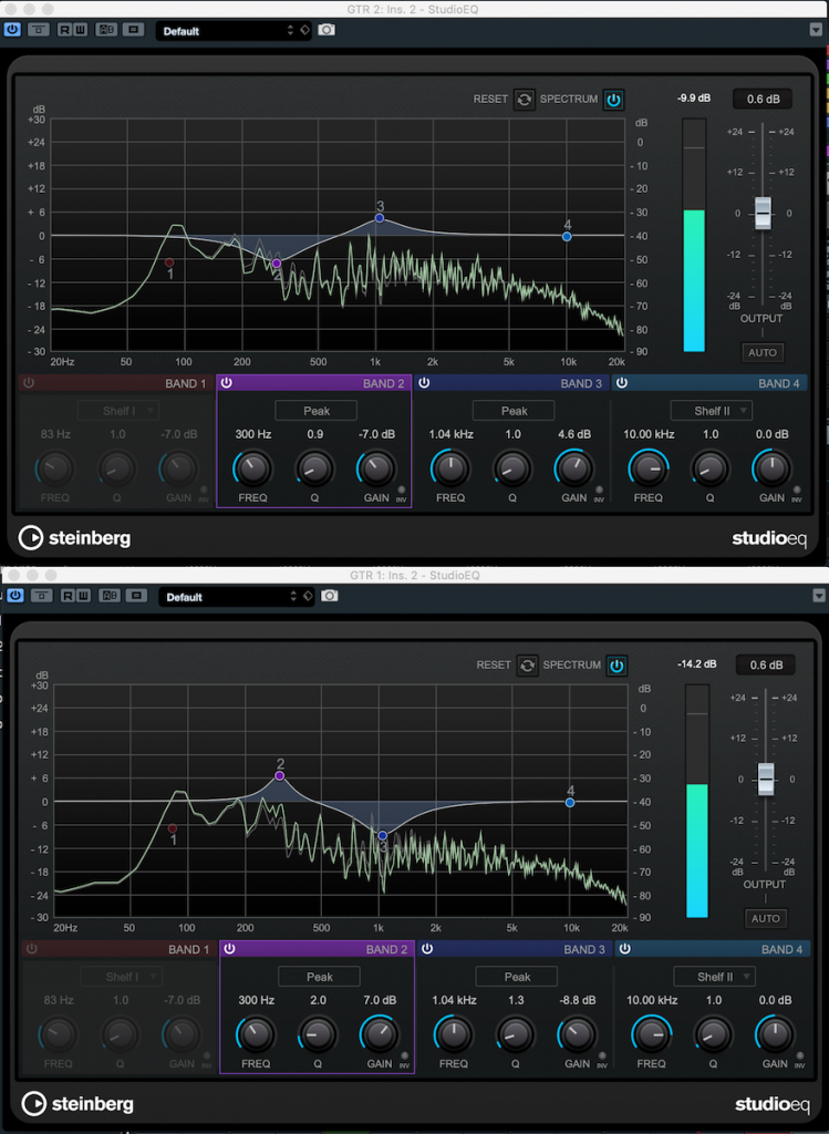 Screenshot from Steinberg Cubase showing user making EQ cuts and boosts to common frequencies.