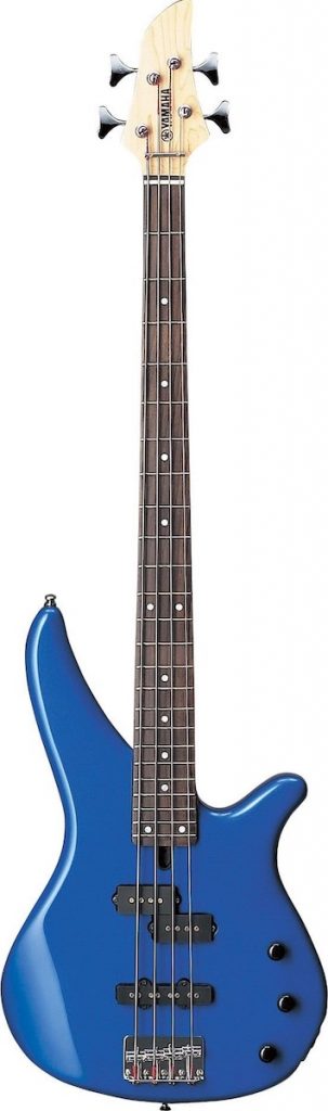 Blue, 4-string bass guitar.