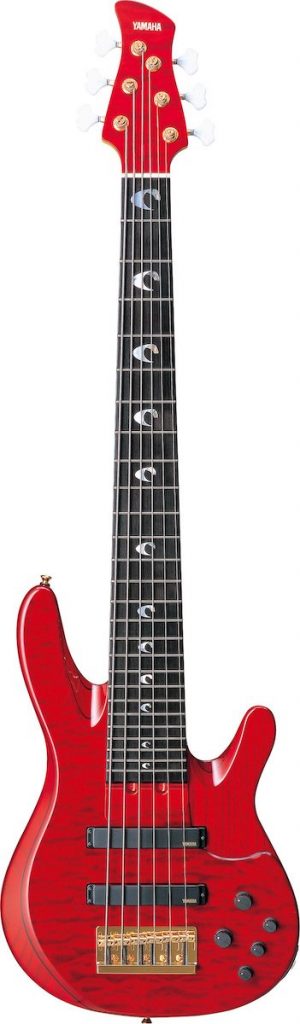 John Patitucci signature bass guitar with dark red finish.