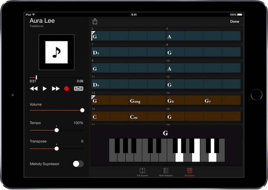 Screenshot of Chord Tracker app on tablet.