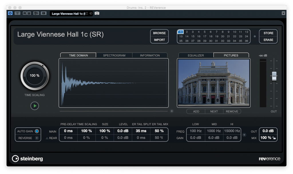 Screenshot of REVerence plug-in showing example of IRs from large Viennese hall.