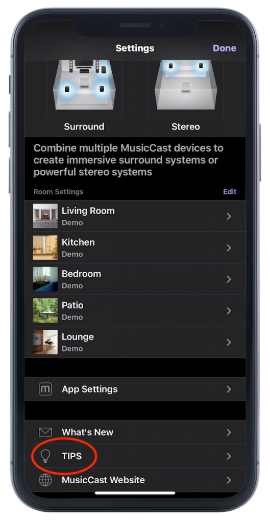 Screenshot showing the "Tips" button in the MusicCast App.