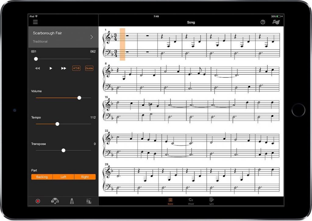 Screenshot of Smart Pianist app on tablet device.